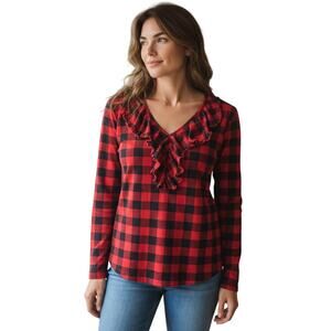 Chaps Red & Black Cabincore Buffalo Plad Long Sleeve Top With Ruffle- Size 1X